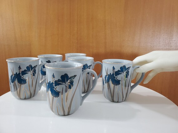 Vintage Otagiri Royal Iris Coffee Mugs - 1980s Aqua & Gold Trim