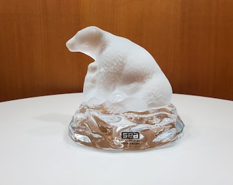 Vintage Kosta Glass Sculpture - Polar Bear and Cub - Satin and Clear Glass - SEA - Swedish Glass