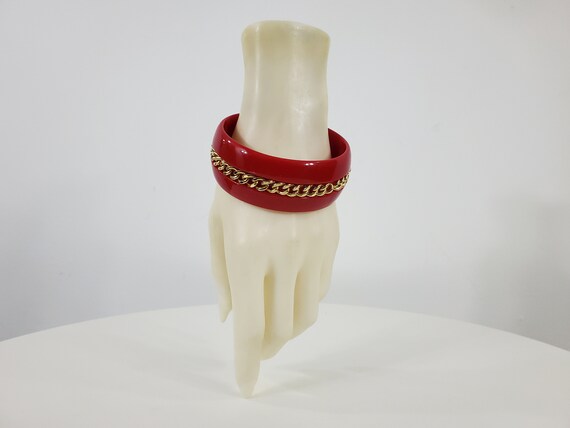 Vintage Red Lucite Bangle with Gold Chain - 2 5/8… - image 6