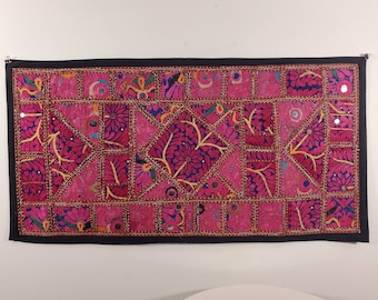 Vintage Indian Embroidered Tapestry in Bright Pink and Blue - Patchwork Made From Antique Saris - Jaipur, Rajasthan, Late 20th Century