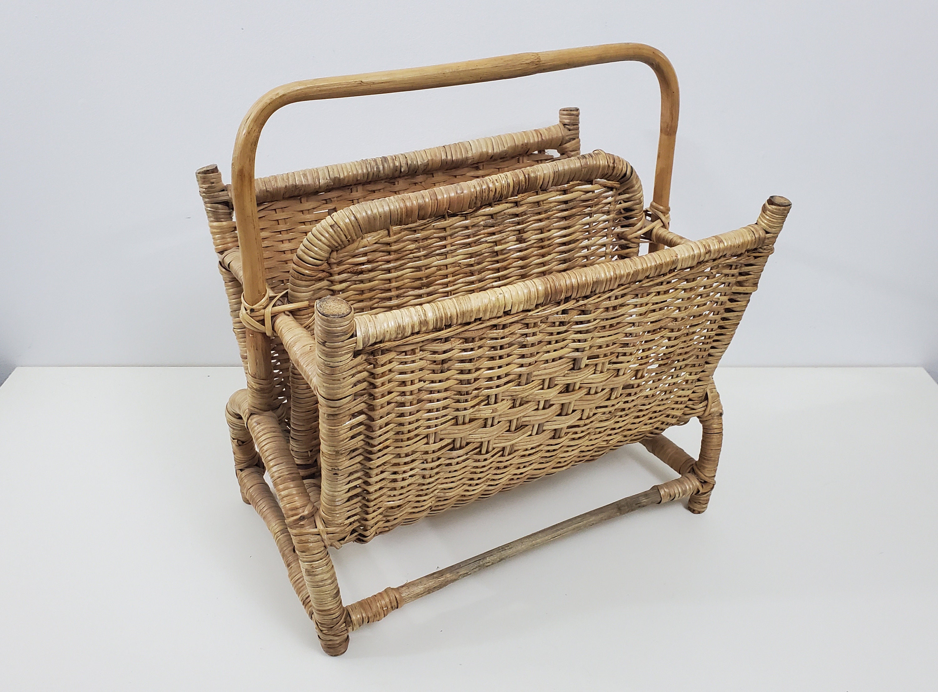 Vintage Rattan Magazine Rack - Record Holder - Bohemian Wicker Décor
