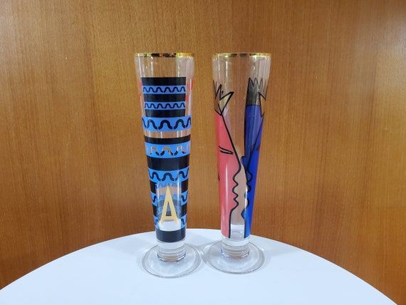Ambrogio 2 Pilsner With Red Designs Ritzenhoff Etsy and Artist Designed - Glasses Postmodern Pozzi Mendini and Gold Alessandro in Blue