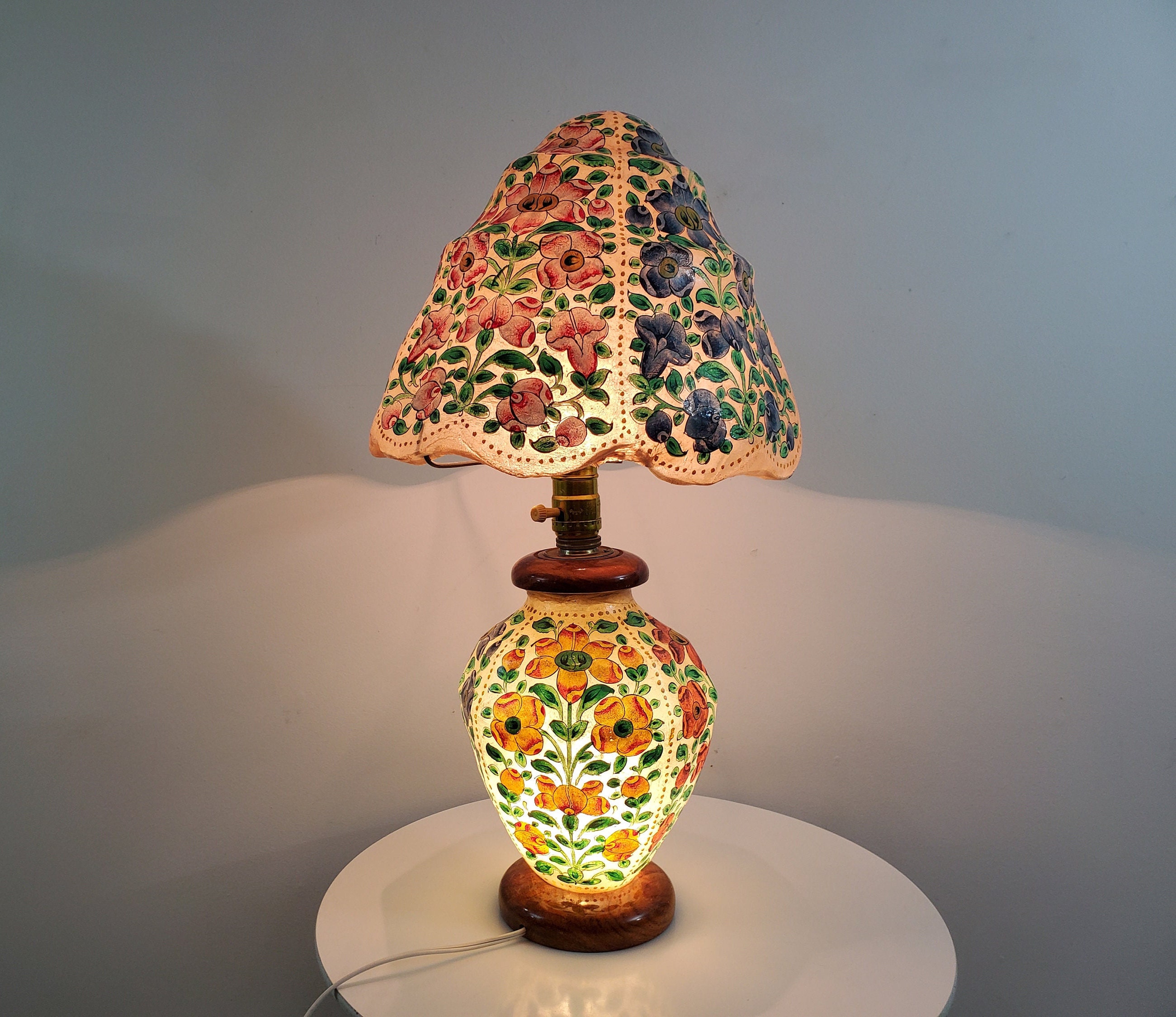 Vintage Wood and Camel Skin Lamp - hand Painted - Desert