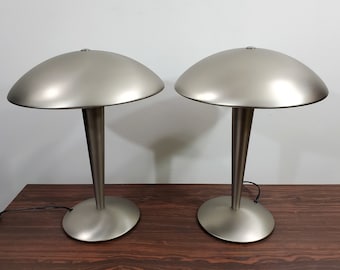 Pair Neo Art Deco Table Lamps - 1980s - Steel with Spun Aluminum Effect - Bauhaus
