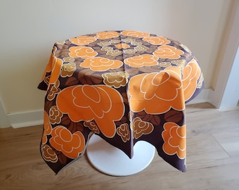 Vintage Finlayson Finland Table Cloth or Fabric Panel - Mod Orange and Brown Floral Pattern - 36 by 35 Inches