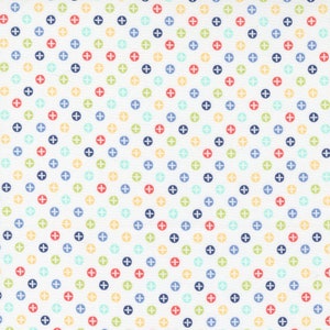 May include: White fabric with a repeating pattern of small, colorful circles with a plus sign in the center. The circles are in shades of red, blue, green, and yellow.
