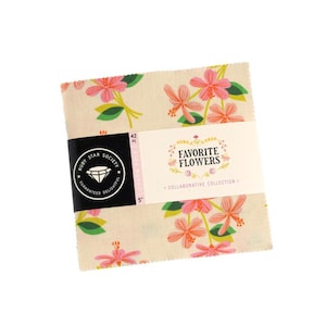 May include: A pack of 42 5-inch fabric squares featuring a floral print with pink flowers on a cream background. The fabric squares are part of the "Favorite Flowers" collaborative collection by Ruby Star Society.
