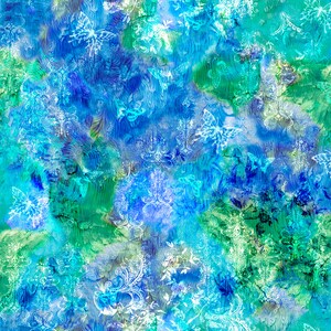 May include: Abstract watercolor background with a blue, green, and white color scheme. The background features a pattern of white butterflies and floral designs.
