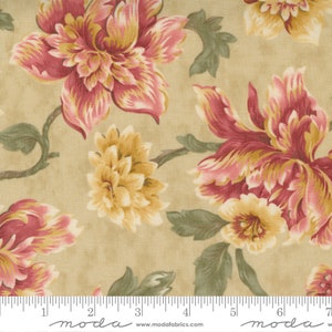 May include: Beige fabric with a floral pattern featuring pink and yellow flowers. The fabric has a subtle texture and a vintage aesthetic. The fabric is marked with "moda" and a website address.