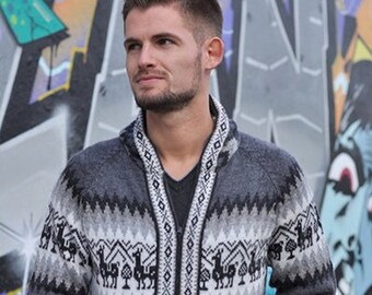 Men's cardigan, men's vest with hood, alpaca wool jacket, men's knitwear, alpaca wool hooded sweater, men's Peruvian vest