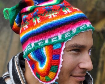Authentique Bonnet Péruvien homme, Véritable Bonnet des Andes, Bonnet péruvien tricote main, Chullo Peruano, bonnet péruvien pièce unique