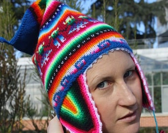 Cappello peruviano, donna peruviana bonnet, Cappello peruviano con colori caldi, vero Peruvian Beanie, modelli peruviano Cap stilizzati