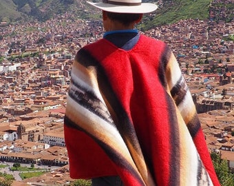 Magnífico poncho peruano rojo indio, poncho de pura lana de alpaca, magnífico poncho muy suave, poncho tejido a mano en lana de alpaca 100% natural