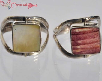 Reversible and adjustable square shape ring, Ring with semi-precious stones, Ring with shells, Adjustable ring, Reversible ring