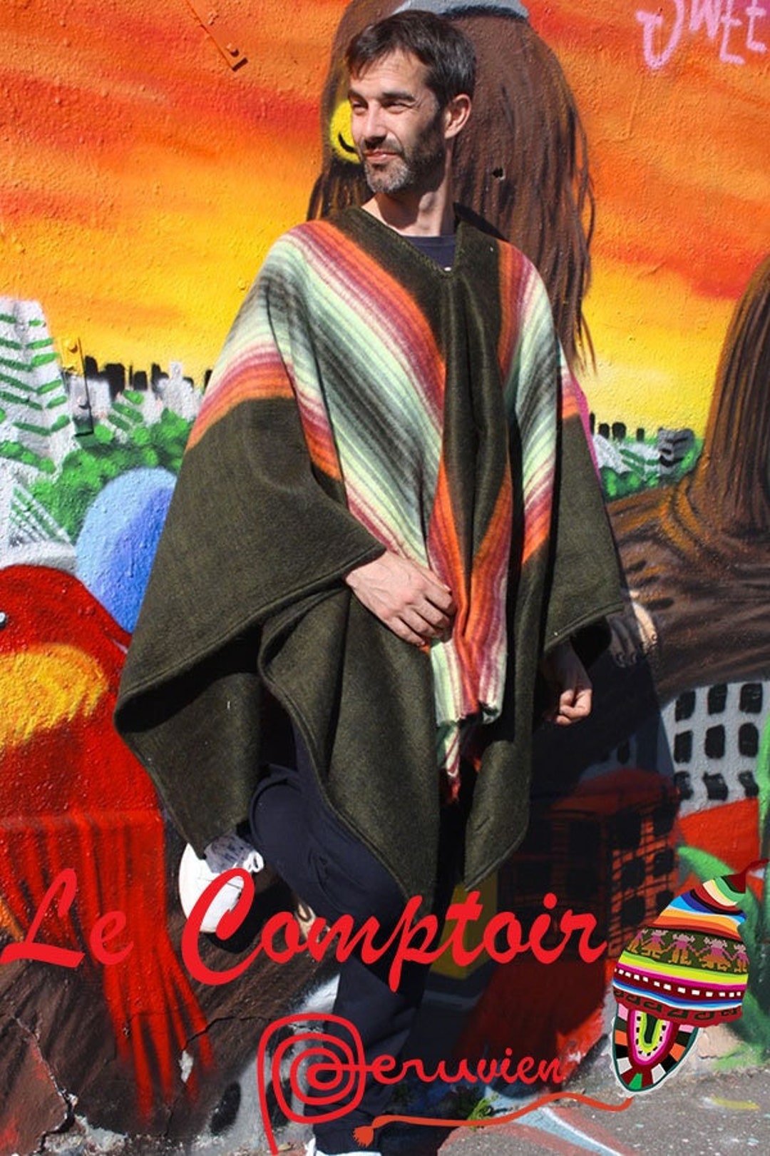 Poncho Modèle Unique tisse main, Poncho Homme, Poncho