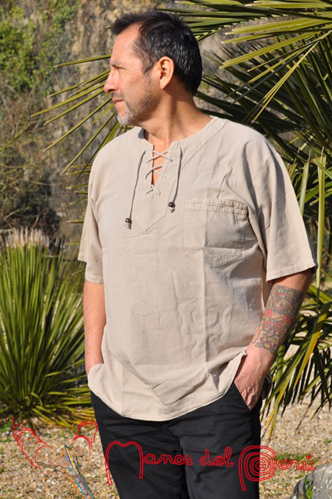Tunique homme tunique peruvienne homme tunique col Mao fermeture lacets chemise homme tunique pas cher coton naturel tunique des Andes Etsy France