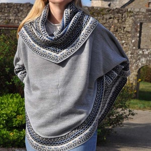 Poncho pull manches chauve souris, Poncho péruvien pièce unique, Poncho pull tricote en laine d'alpaga, Pull poncho avec col en écharpe image 5