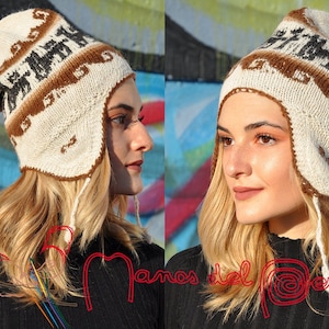 May include: A white knitted hat with brown and black geometric patterns. The hat has ear flaps and a long tassel.