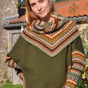 Poncho pull manches chauve souris, Poncho péruvien pièce unique, Poncho pull tricote en laine d'alpaga, Pull poncho avec col en écharpe Pull Poncho Killa