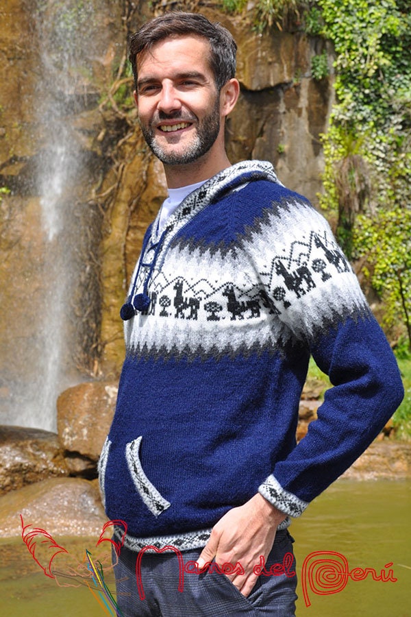 Men's Peruvian Pullover, Hooded Sweater With Llama Motifs, Alpaca