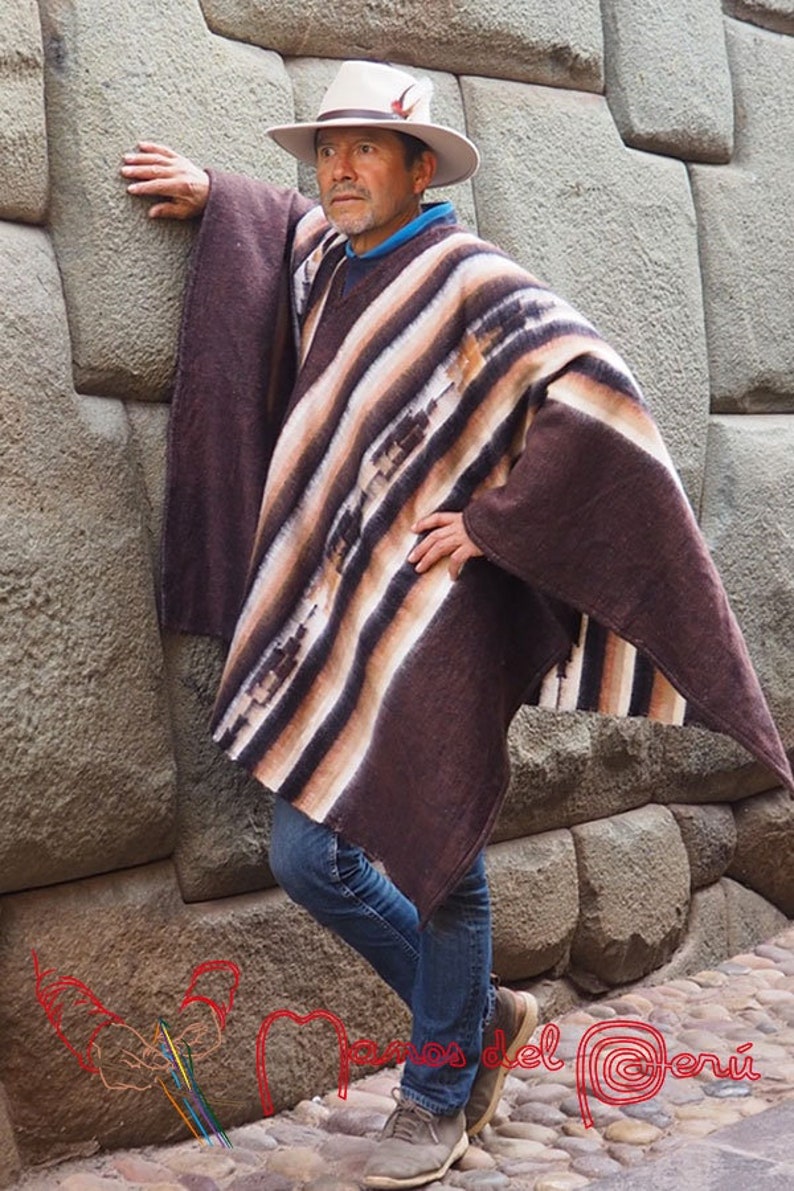 Poncho Péruvien gris, poncho en laine d'alpaga, poncho unisexe pure laine alpaga, poncho des Andes, poncho chaud doux soyeux, poncho alpaga Poncho marron