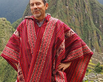 Authentic Peruvian Poncho, Poncho with laces and hood, Unisex Poncho colors of the Andes, Poncho with Andean patterns geometric designs