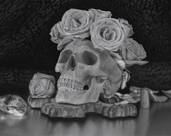Presenza, opere d'arte originali, disegno a matita, teschio e Rose, Croce, arte