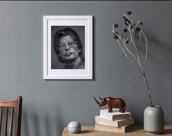 Originale, Disegno a matita, Opera d'arte, Ritratto, Stephen King, Autore, Arte della parete, Incorniciato, foto in bianco e nero CUSTOM