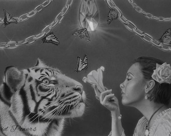 DOCILI, originale opera d'arte, matita disegno, tigre, farfalla, Lilly, donna, belle arti