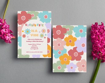 Retro Floral Birthday Invitation. 25 is a Vibe Birthday Invitation. Five is a Vibe. 70s vibe invite. Floral Birthday Invitation Template.