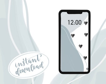 May include: A digital illustration of a smartphone with a gray and white abstract background. The phone screen displays a digital clock with the time 12:00 and several black hearts. The text "instant download" is written in a white oval on a gray background.