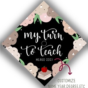 My Turn To Teach Custom Printed Graduation Cap Topper. Teacher Graduation Cap. Stethoscope Hat. Floral painted Cap. image 9