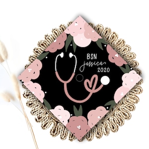 Stethoscope Digitally Made Printed Custom Graduation Cap Topper. Nurse Graduation Cap. Stethoscope Hat. Floral Cap.