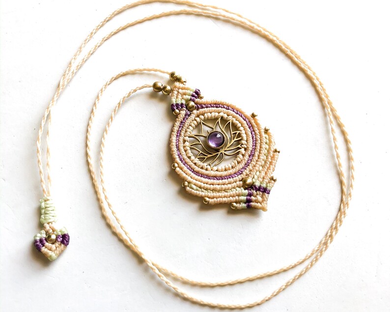 Personalized Birthstone Necklace Feminine Gift Amethyst Lotus Necklace Meditation Necklace Crystal Macrame Necklace Yoga Jewelry