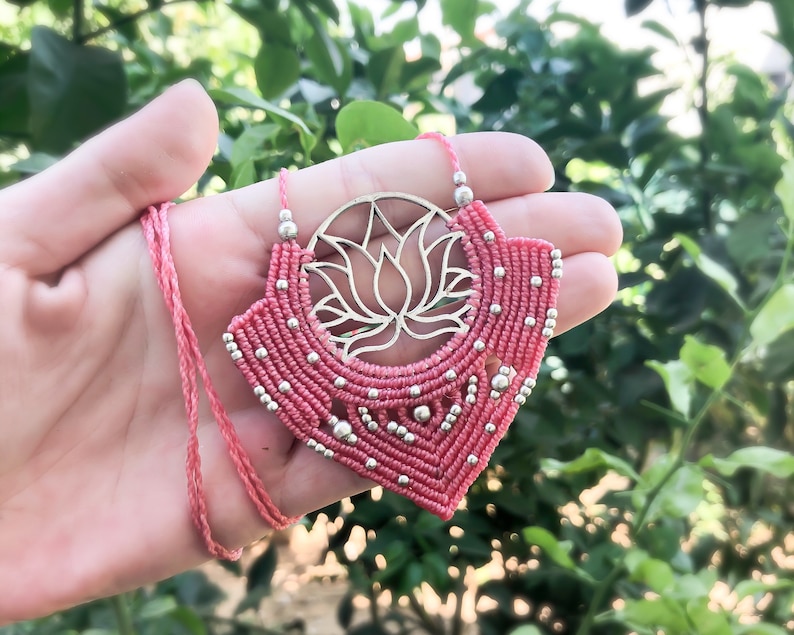 Pink Lotus Necklace Breast Cancer Awareness Statement Boho Macrame Necklace Floral Gypsy Jewelry Gift for Hippie Women