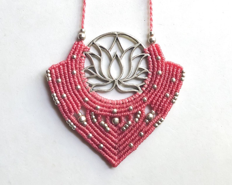 Pink Lotus Necklace Breast Cancer Awareness Statement Boho Macrame Necklace Floral Gypsy Jewelry Gift for Hippie Women