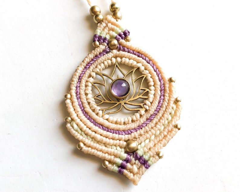Personalized Birthstone Necklace Feminine Gift Amethyst Lotus Necklace Meditation Necklace Crystal Macrame Necklace Yoga Jewelry