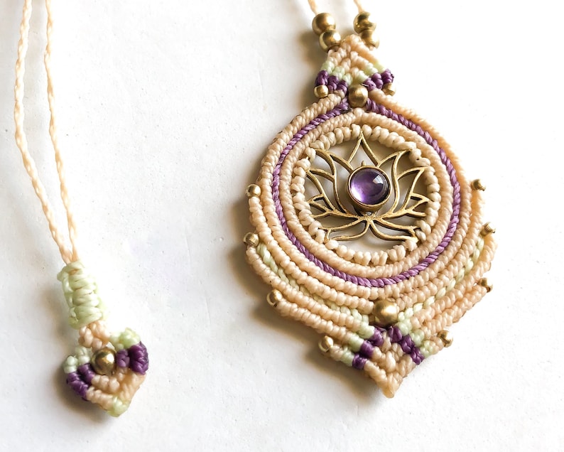 Personalized Birthstone Necklace Feminine Gift Amethyst Lotus Necklace Meditation Necklace Crystal Macrame Necklace Yoga Jewelry