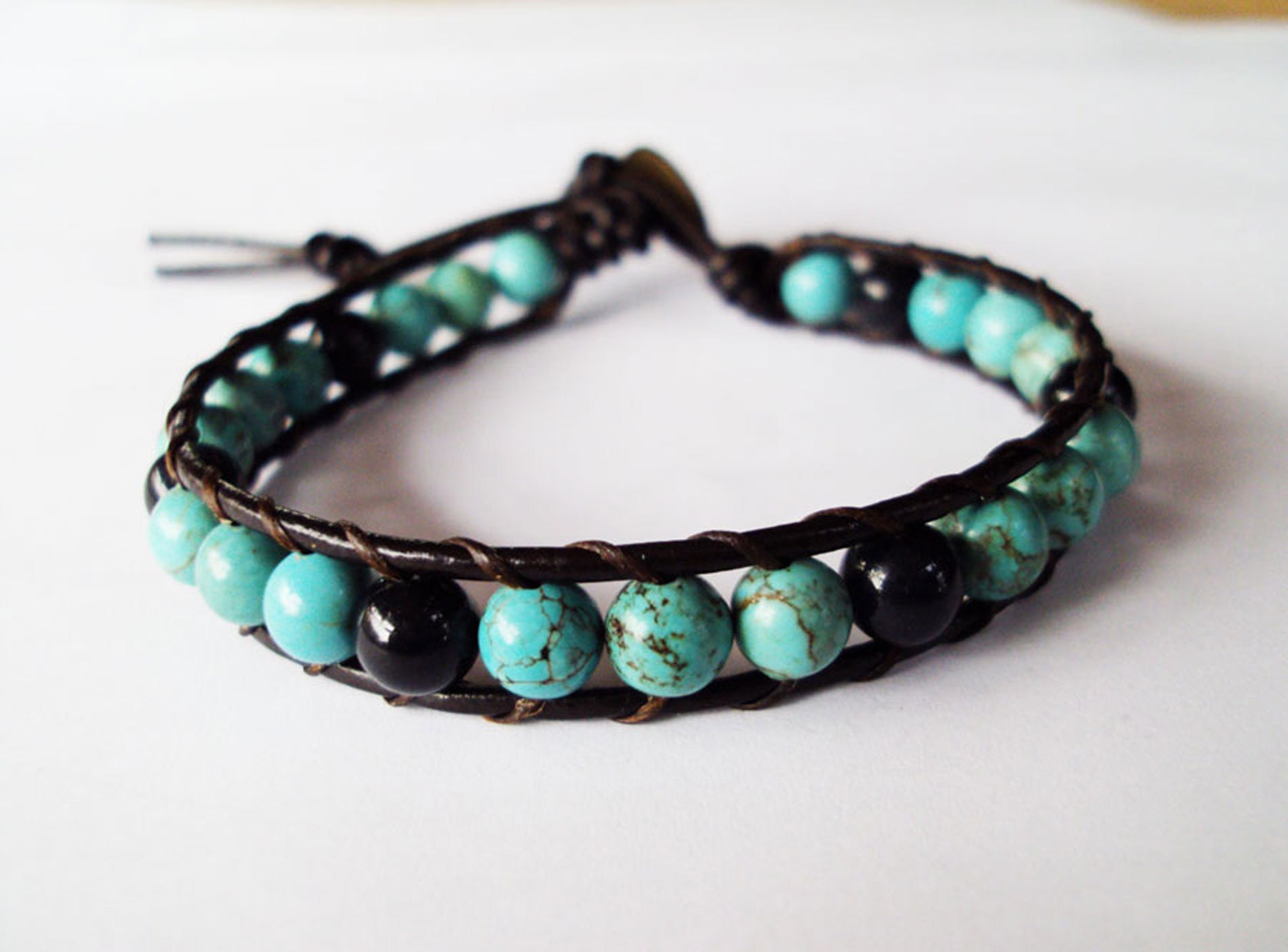 One wrap Turquoise real stone onyx stone leather bracelets men | Etsy