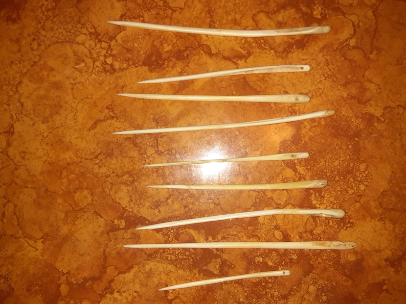 May include: Ten bone needles of varying lengths, arranged vertically on a brown surface.