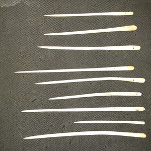 May include: A collection of ten bone needles, varying in length, with a pointed tip and a rounded end. The needles are arranged in a row on a dark gray textured surface.