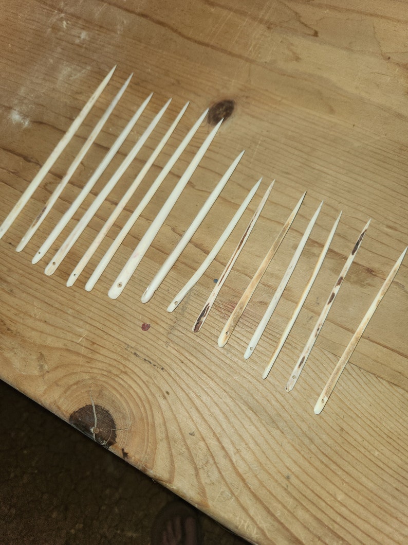 May include: A collection of 18 natural bone knitting needles, arranged in rows on a wooden surface. The needles are various lengths and have a natural, light brown color.
