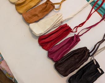 3-sided leather deer hide bag, several different colors, hand made by me. deer skin, buckskin