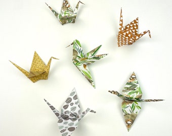 Lot origamis 5 grues et 1 colibri, motif feuille palmier, jaune, vert et camel pour décoration mariage baptême, mobile enfant DIY