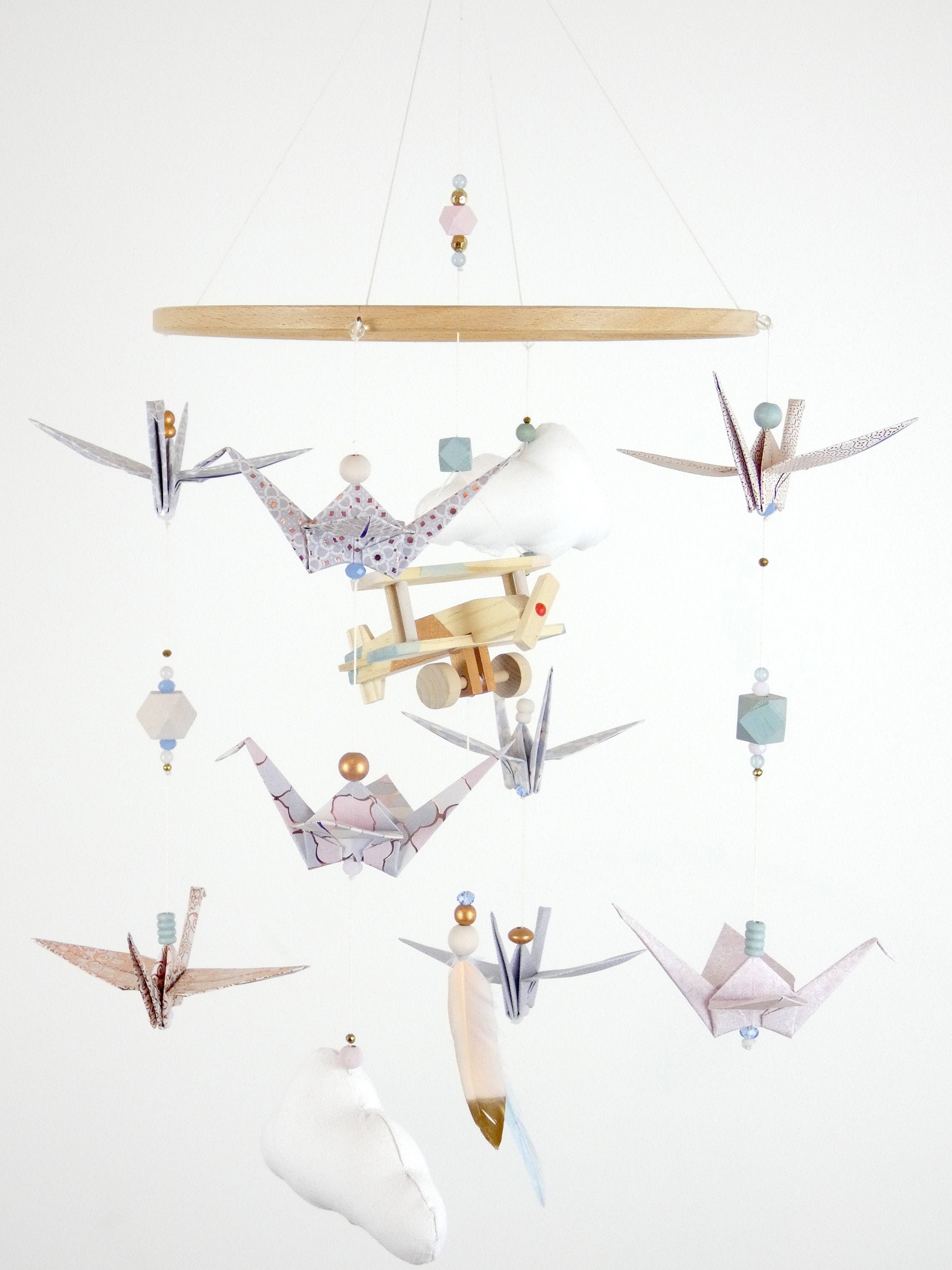 Mobile bébé avion origamis rose et bleu pastel cuivre nacré Etsy France