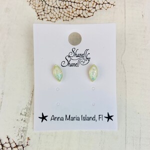 Beach sand and opal Silver Navette stud, sand and opal jewelry, resin