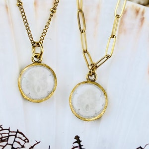 Sand Dollar and Beach sand gold pendant necklace, Anna Maria island Florida jewelry, sand dollar necklace, sand and shell, resin