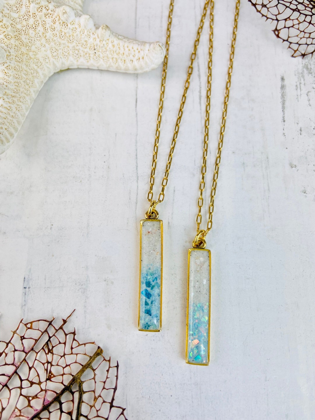 Opal and Beach Sand Gold Bar Necklace, Sand and Opal Jewelry, Anna