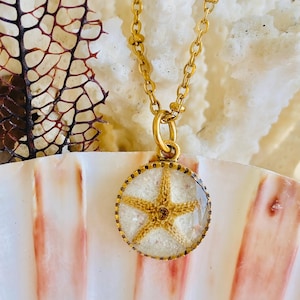 Starfish and beach sand gold necklace, anna maria island, Florida jewelry