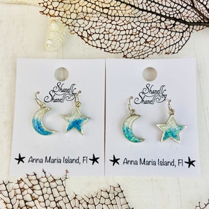 Moon and Star opal and beach sand earrings, Celestial beach sand and shell earrings, Moon and Star Jewelry, Sand Jewelry, resin jewelry